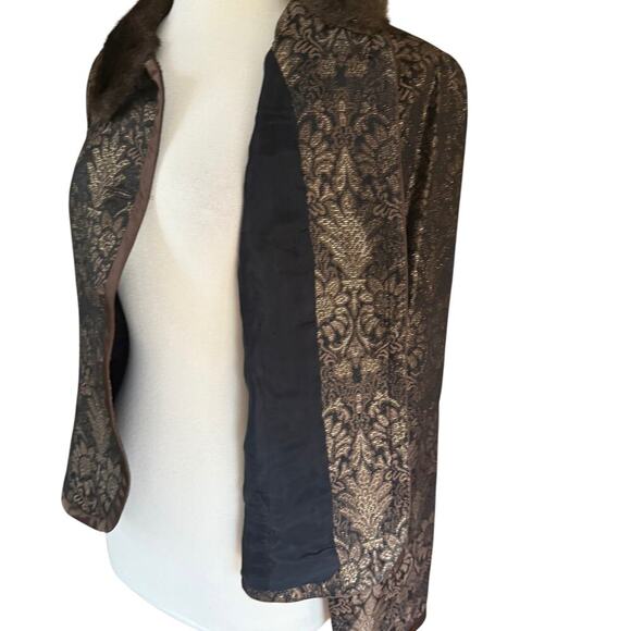 Enrico Baldini Brown Metallic Damask Brocade Jacket with Faux Fur Collar 14 - Picture 5 of 8